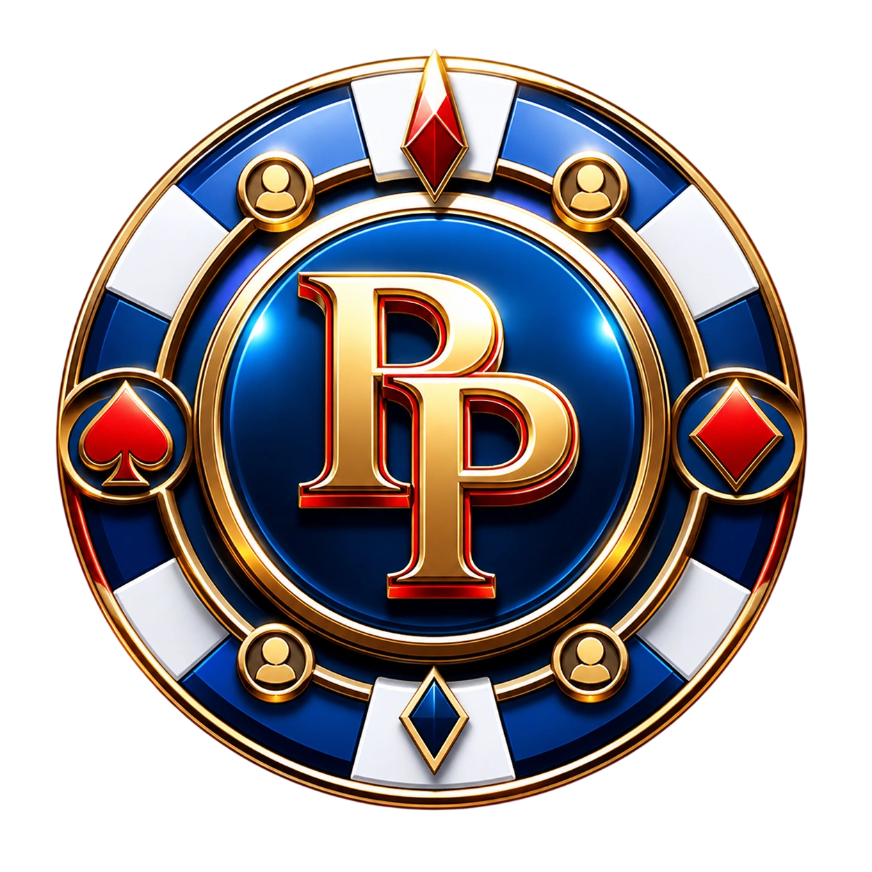 Premium poker chip logo with gold PP letters blue center and card suit icons in circular frame